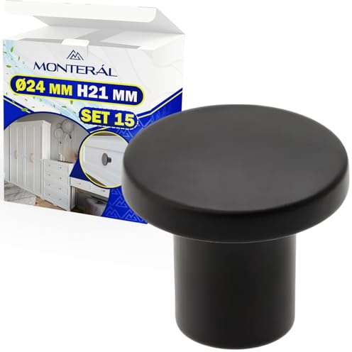 MONTERAL 15 stycken möbelknopp Ø24 mm H21 mm - möbelknopp tillverkad av zinklegering och aluminium i matt svart färg - 10 års garanti