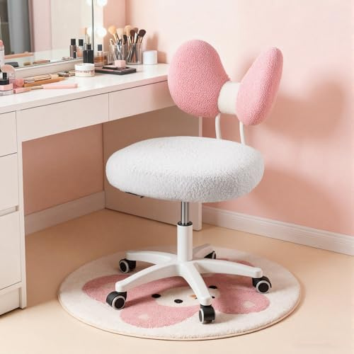 Nordswal Pink Vanity Chair with Wheels, Cute Teddy Fleece Kids Desk Chair with Back, Height Adjustable Swivel Dressing Table Chair, Compact Make-Up Chair for Girls Bedroom, Kids Room, Living Room