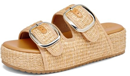Coutgo Womens Platform Sandals Raffia Espadrilles Two Band Open Toe Slip On Slides Beach Vacation Shoes, Khaki, Size 7