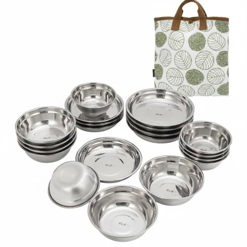 rockible Outdoor Dining Utensils Stainless Steel Plates Bowls Dishware Set With Smooth Shallow Rounded Forms For Easy Cleaning Suitable for camping picnics shared outdoor meals everyday travel