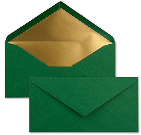 15 Brief-Umschläge DIN Lang - Dunkelgrün mit Gold-Metallic Innen-Futter - 110 x 220 mm - Nassklebung - festliche Kuverts für Weihnachten