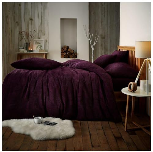GC GAVENO CAVAILIA Teddy Fleece Plain Kingsize Duvet Cover Set - Aubergine | Comfy Thermal Warm & Fluffy Bedding Set - Ultra Soft & Cosy Fleece Cuddly Duvet Cover Set, Perfect For Winter - 230cm x 220cm