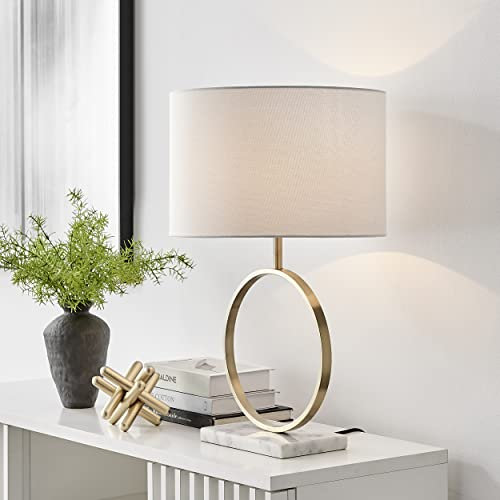 Furniturebox UK Lighting - Saffron Marble, Gold Metal & Cream Shade (Including Bulb) - Modern Table Lamp - White Marble Base Gold Metal 'Halo' Stand - Cream Fabric Lampshade - Structural & Glam.