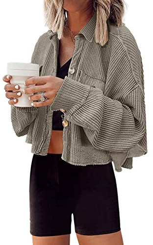 Panadila Womens Waffle Knit Jacket Cropped Cardigan, Dusty Khaki, M
