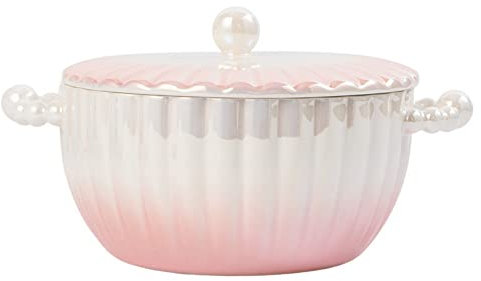 GRYEEN Ceramic Serving Soup Tureen with Lids 1 Quart Gradational Shell-Textured Porcelain Serving Soup Bowls with Pearl Hands and Lids, White/Pink, Microwave Safe