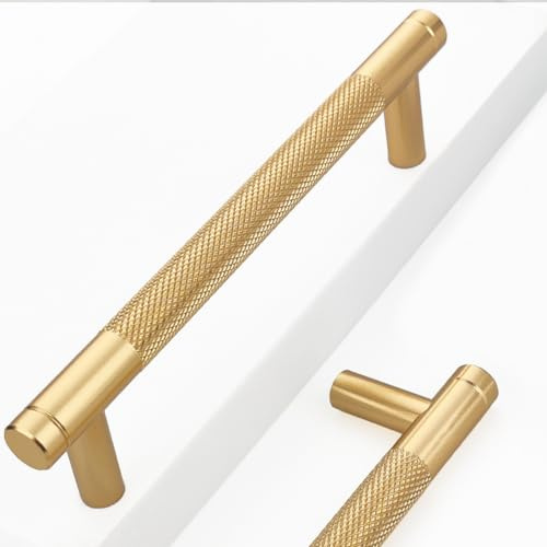 Westablize 10 Pack 5 Inch 128 mm Bar Cabinet Pulls Gold Knurled Handles for Brushed Gold Drawer Pulls Cupboard Aluminum Handles Cabinet pull0820 (5 Inch, Set of 10, Gold)
