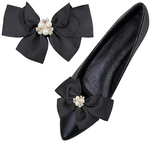 GORGECRAFT 1 par de Clips para Zapatos con Lazo Zapato con Lazo de Perlas Encantos de Zapatos Extraíbles Hebilla Zapato con Cinta Clip de Poliéster Negro Joyería Accesorios Decorativos