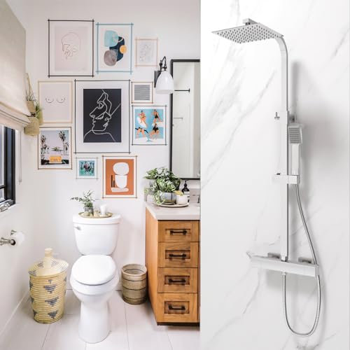 OCEAN ITALY Colonna Doccia con Miscelatore Termostatico, Soffione Doccia Quadrato 20x20cm con Rubinetto Larghezze 28cm Diametro 40mm, Asta Regolabile 735-1170mm, cromato