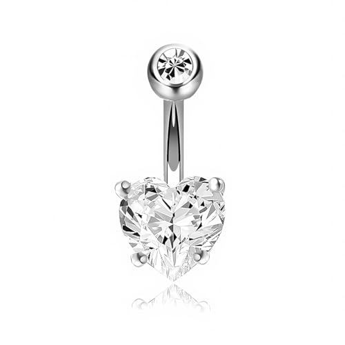 TNSRAY Piercing de ombligo de titanio, con forma de corazón, corto, extra largo, Piercing para el ombligo de plata acero quirúrgico de anillos para piercing en el ombligo con circonita de piedra