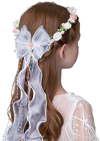 Couronne de Cheveux Fleur Bandeau Serre Tête de Mariée Nœud avec Ruban Perles Blanc Rose Headband Floral Artificiel Décoration Coiffure de Première Communion Fête Mariage pour Femmes Filles