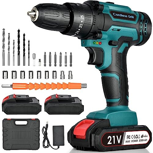 21V Cordless Drill Driver Set: Battery Drill Electric Screwdriver - Power Electric Drills with 2 Batteries 2000mAh, 25+3 Torque Combi Drill, 24Pcs Drill Bits for Home and Garden