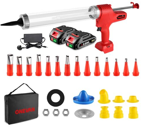 Electric Caulking Gun Cordless, 300/600 ml Silicone Sealant Gun with 6 Adjustable Speed, Drip-Free, 2 x 2.0Ah Batteries, Includes 14 Nozzles, for Filling and Sealing