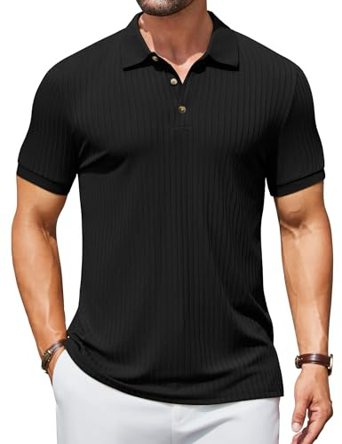 COOFANDY Men's Ribbed Polo Shirts Short Sleeve Casual Slim Fit Golf Shirt Basic Black Polo T-Shirts Summer Golf Tops