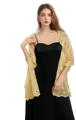 Xvbhaq Cape Femme Paillettes Dentelle Pashminas Noir Broderie Étole pour Voyage Festive Robe de Soirée Mariée Mariage, doré, Keine
