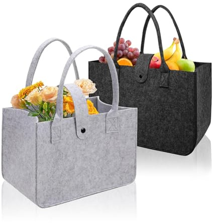 2 Stück Filztaschen Shopper, 20x17x30cm Filztasche, Filzkorb Groß, Filz Taschen, Faltbar Filztaschen Shopper, Einkaufskorb Filz Schwarz Hellgrau mit Verschluss zur Einkaufen, Aufbewahrung, Picknick