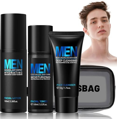 Soin Visage Homme, Skincare Kit, Coffrets de Soins Pour la Peau, Trousse de Toilette Transparente Lotions Toniques Nettoyant Visage Homme Lotion Hydratante, Hydratant, Réduisant les Ridules, 4 Pièces