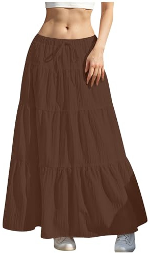 Women's Skirts Long Skirt High Waist Maxi Skirts Plus Size Ladies Elegant Casual Tired Swing Knee Length A Line Skirt Brown