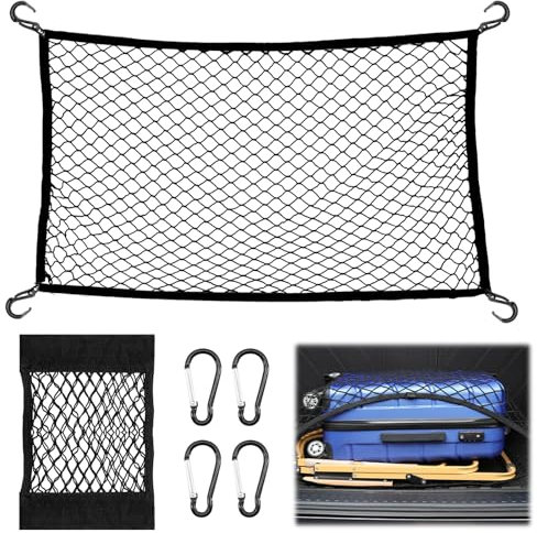 KASURE Gepäcknetz Auto, 80 X 100 cm Kofferraumnetz Mit 4 Karabinern, Kann Auf 144 X 180 cm Kofferraum Netz Erweitert Werden, Passend Für Die Meisten Kofferraumnetze Autos, Festes Gepäck