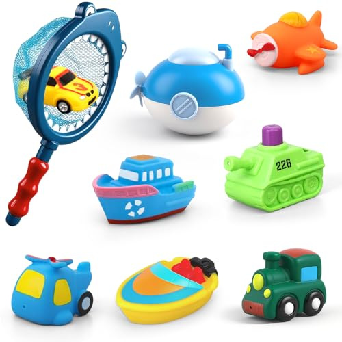 9 PCS Bath Toys for Kids Toddlers, Vehicle Train Airplane Floating Pool Toys for For 1 2 3 4 Year Old Boys Girls, Baby Child Preschool Bathtub Bathroom Shower Pool Boat with Net