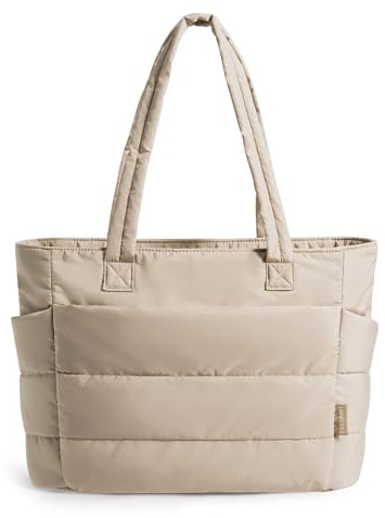 bagsmart Handtasche Damen Puffy Tote Bag Schultertasche, 20L Einkaufstasche Arbeitstasche Puffer Tasche mit Reißverschluss, Leichte Handtaschen für Arbeit Reise Shopping Schule, Kamel