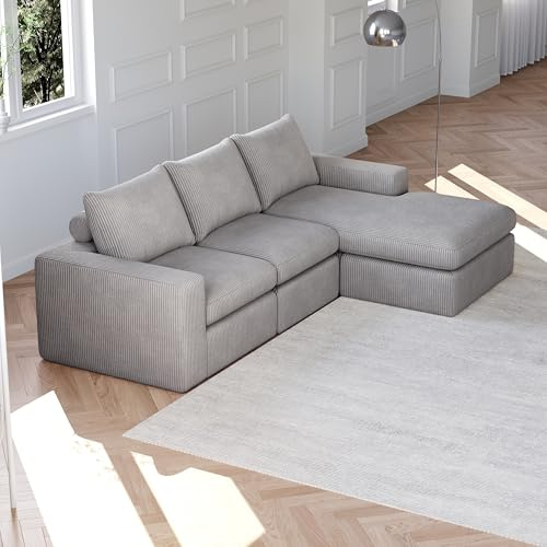 HAINEW Modern 3-sitsig L-formad hörnsoffa hörnsoffa för vardagsrum, lägenhet, 251 × 160 × 81 cm, manchestermaterial, ramlös, ingen installation krävs (ljusgrå)