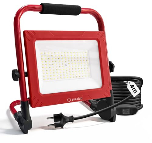 auralab Foco LED Trabajo 150W con Interruptor, 15000LM Foco de Obra Portátil con Cable de 4m, Proyector Impermeable IP65 con Soporte, Luz de Obra 6500K para Garaje, Taller, Camping