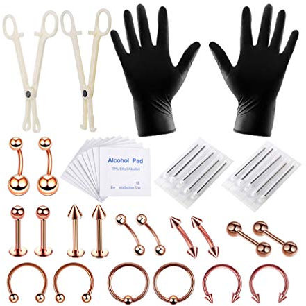 Healifty Piercing-Set Chirurgenstahl Bauch Zunge Tragus Nippel Lippe Nase Augenbraue Kinnring Körperschmuck Messgerät Piercing Nadeln Set 42 Stück (Roségold)