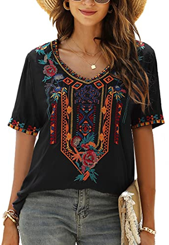 Women’s Mexican Embroidered Top, Boho Peasant Blouse Short Sleeve Summer Tunic Shirt, Loose Ethnic Hippie Shirt for Women (Black,L)