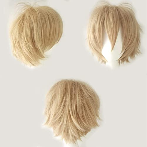 Anime peruk, kort, cosplay, peruker för kvinnor, män, syntetisk, rak, finklänning, vågig, slät, halloween, karneval, kostym, festperuk, linne, blond