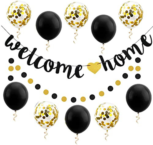 Banderines Decoraciones de Bienvenida a Casa 2m Guirnalda Colgante de Puntos Circulares Brillantina 10 Globos Bandera Welcome Home Pancartas Papel para fiesta cumpleaños Navidad Boda Interior Exterior