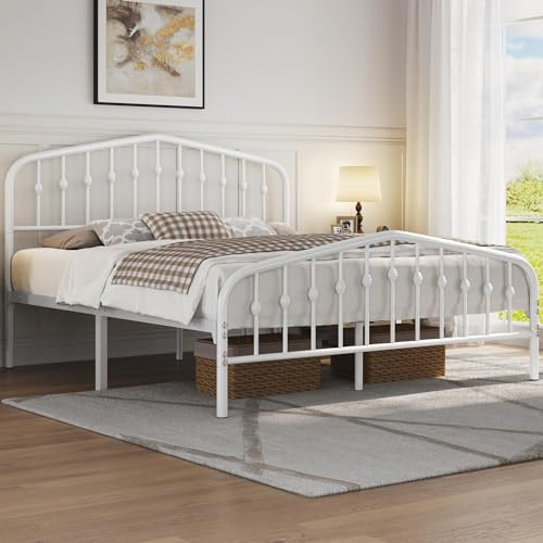 Yaheetech Marco de Cama de Metal Moderno con Cabecero y Piecero Arqueados Espacio de Almacenamiento Espacioso Debajo de la Cama Soporte Robusto Blanco/160 x 200 cm