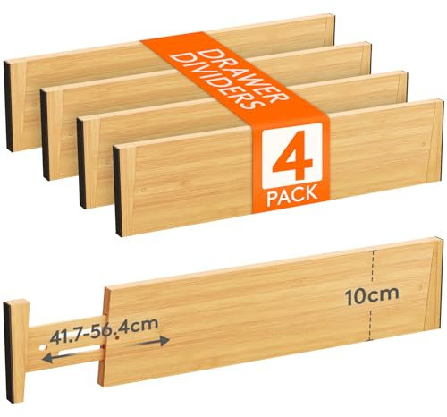 Lifewit 4er Set 10cm Höhe Bambus Schubladentrenner, 41-56cm Verstellbar Schubladen Organizer Ordnungssystem für Küche/Büro/Kleiderschrank, Drawer Divider für Kosmetik Besteck Gewürze Werkzeug