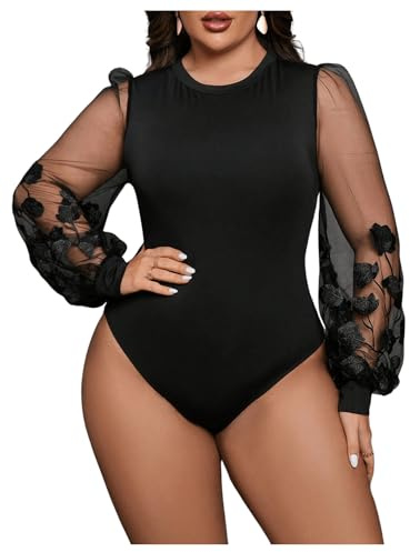 Milumia Women's Plus Size Bodysuit Sheer Mesh Floral Long Sleeve Bodysuit Blouse Shirt Top Black XX-Large