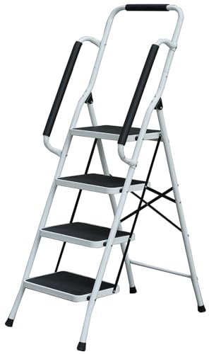 Gr8 Home Portable 4 Step Ladder Foldable Stool Non Slip Tread Heavy Duty Metal Steel Compact Folding Home DIY With Safety Grab Rail Banister Bar Handrail Support