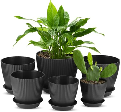 Zocipro 6Pcs Plastic Plant Pot Indoor, Stripe Grooves Flower Pot 17.5/15.5/14/12.5/11.5/10cm with Saucer and Drainage Hole, Decorative Plant Planter Container for Balcony Bonsai Plants