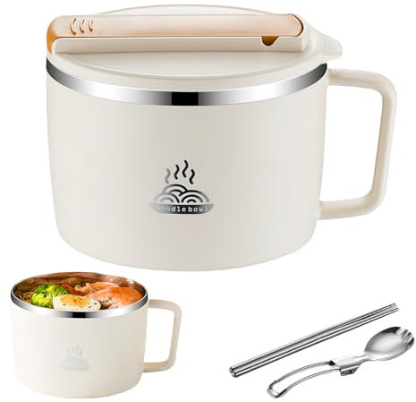 WIYETY Instant Nudeln Schüssel mit Deckel: 1300 ML Ramen Schüssel mit Klapplöffel und Stäbchen, Tragbare Nudelschale Edelstahl, Auslaufsicher Ramenschüssel Instant, thermoschüssel mit deckel(Weiß)