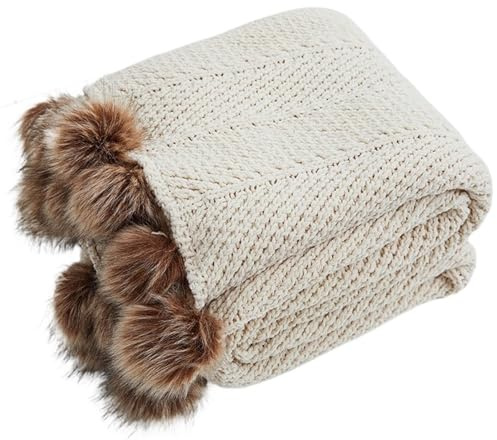 Coperta A Maglia Coperte in ciniglia lavorate a maglia grossa, graziosi pompon, decorative for la casa, calde, appesantite, comode, for divano letto, coperte lavorate a maglia Per Divani(Beige)