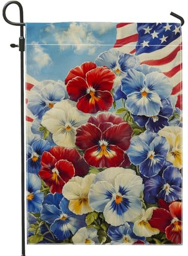 Drapeau de jardin patriotique printemps été, pensée rouge, blanche et bleue, décoration de pelouse extérieure, bannière double face, décoration sur le thème des États-Unis pour le jour de