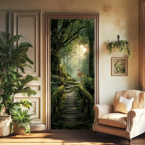 arricraft 2 Sheets Self-Adhesive Door Sticker, 80cmx200cm/31.5x78.7inch Forest Sunshine Deer Door Murals Stickers PVC Removable Wallpaper Decoration for Home Bedrooms ​Living Room