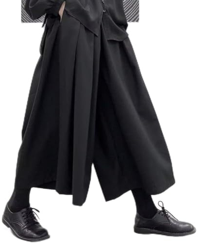 HEIBTENY Pantalon gothique Hakama pour homme - Coupe ample - Coupe large - Style japonais - Pour le printemps et l'été - Automne - M-3XL (2XL Noir)