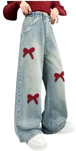 Slxbear Girls Jeans Summer Casual Wide Leg Baggy Denim Pants High Elastic Waisted Cute Bow Trousers Casual Streetwear with Pockets #02Blue 9-10 Years