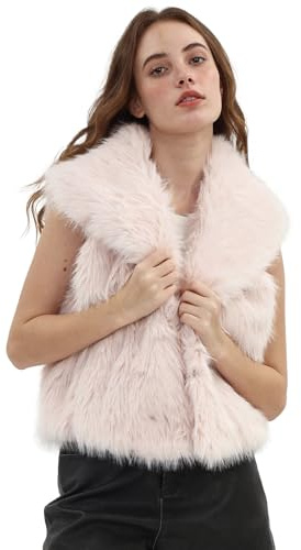 Amazhiyu Gilet in pelliccia sintetica da donna, cardigan con risvolto aperto sul davanti con tasche, senza maniche, scollo a V, per inverno/autunno, rosa chiaro, L