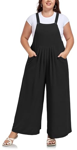Moon Wood Salopette Femme Grande Taille Été Combinaison Oversize Baggy Overall Pantalon Large avec Bretelles Réglables et Poches Noir XXL