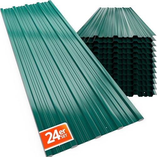 GARDEBRUK® 24x Corrugated Metal Roofing Sheets for Garden Shed, Metal Sheds, Plastic Sheds & Greenhouse | 7m² Galvanised Roof Panels for Outdoor Storage, Bin Store & Bike Shed | Green 129x46cm