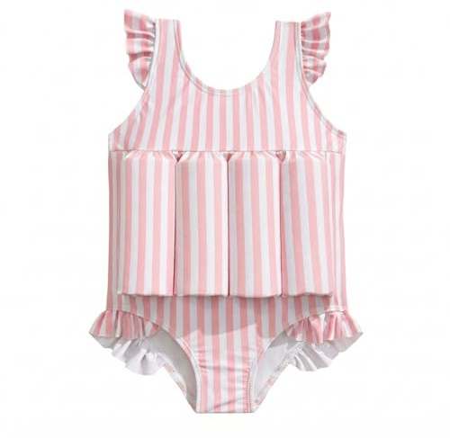 DivingBirds Toddler Girls Sleeveless Floatie Swimsuit, Pink Stripes, 1-2Y