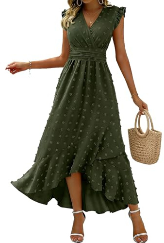 KUNJLELP Robe Femme Été Chic et Elegant Robes Casual Col V Manches à Volants Maxi Robe Jupe Asymétrique à Imprimé Floral Robe de Soirée Cocktail,Vert 54,M