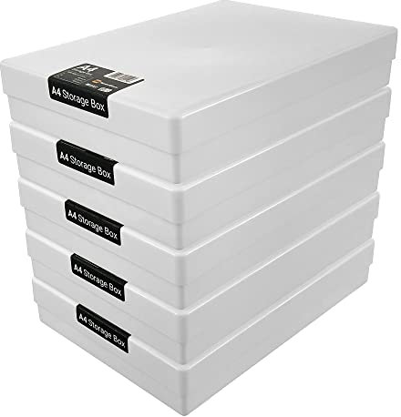 WestonBoxes A4 Opaque and Impact Resistant Craft Storage Boxes with Lids for Art Supplies, Paper and Card - 3.6 litre volume (Opaque White/Pack of 5)
