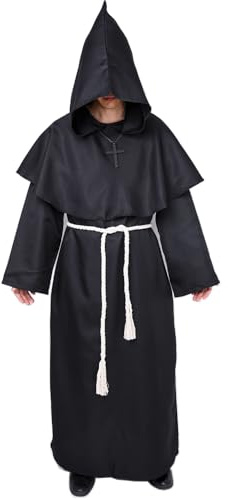 Myir JUN Deguisement Moine, Deguisement Halloween Homme Prêtre Médiéval Capot Encapuchonné Moine Costume avec Croix Renaissance Robe de Prêtre Halloween Robe (Noir, L)