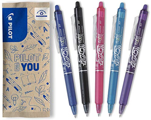 Pilot Pen FriXion clicker, raderbar rollerball, set om 5 (blå, svart, rosa, ljusblå, lila)