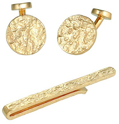 Kuzzoi Manschettenknöpfe Coin Design & Krawattennadel für Herren im gehämmerten Look, Herren Accessoire Set aus 925 Sterling Silber vergoldet, Stilvolles Männer Geschenk für Hochzeit und Geburtstag